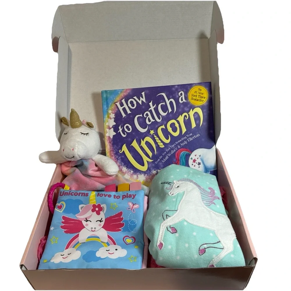 Baby Girl Shower Gift, Newborn Unicorn Present, 2 Unicorn Books, Pajamas & Lovey